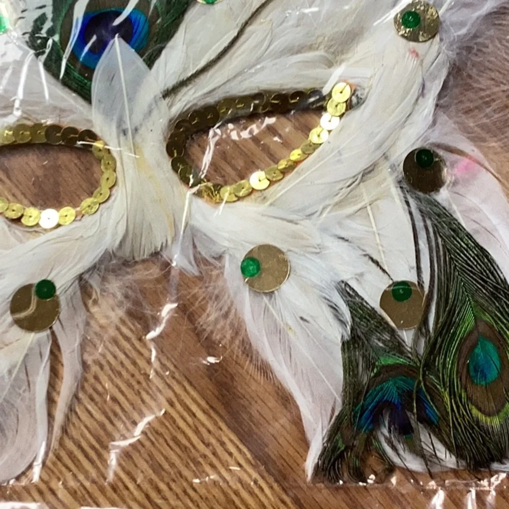 Peacock Feather Party Mask with Gold Accents